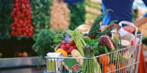 grocery cart filled with fruits and vegetables